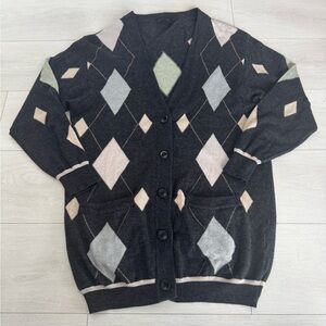 Bogner 100% Wool Knit Argyle Geometric Long Sweater Cardigan Size 10